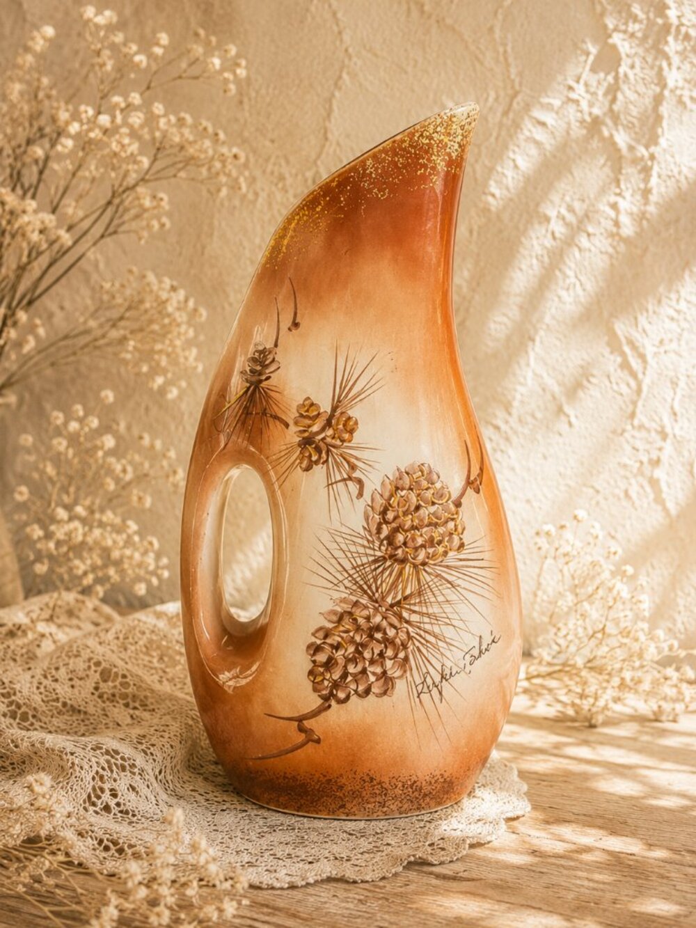 Vintage Rymes Ceramics Hand Painted Pine Cone Motif Pitcher